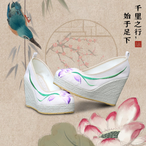 女厚底坡跟布鞋绣花古风