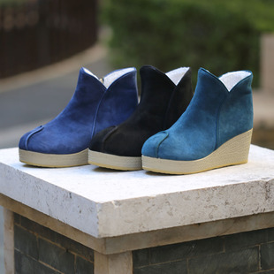 靴子马丁靴高跟坡跟绣花6cm 加绒女短靴春秋配裙子穿 春款 靴冬季