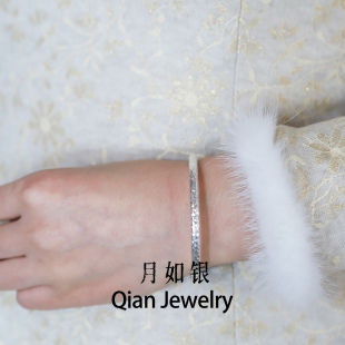 月如银 | 纯手工原创设计师品牌999足银手工锤纹圆形闭口手镯