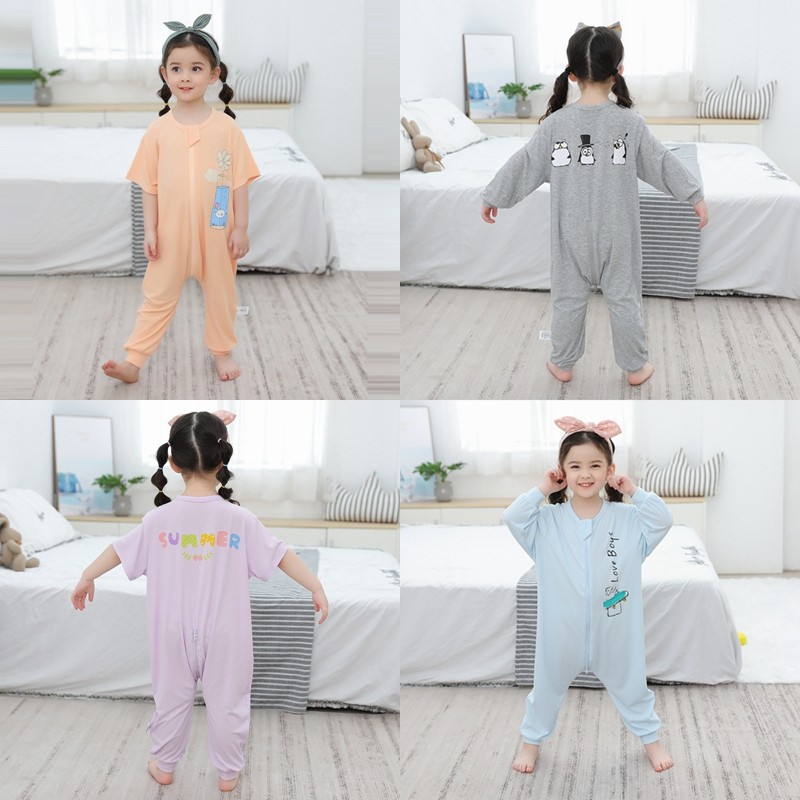 CHILDRENS ONE-PIECE PAJAMAS SUMMER ZIPPER MODAL THIN SHORT-SLEEVED BABY BIG BOY BOY GIRL ONE-PIECE AIR-CONDITIONING SUIT