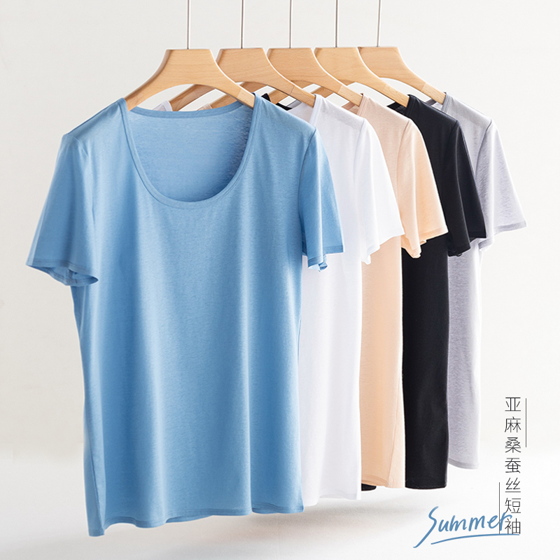 棉亚麻桑蚕丝短袖T恤女夏薄款