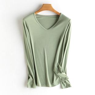 10%桑蚕丝 螺纹免烫长袖T恤女 面膜t 春秋薄款打底衫纯色简约上衣