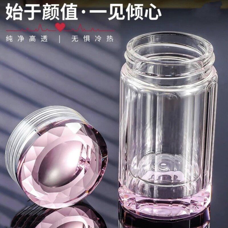 高档泡花茶玻璃水杯小巧女迷你双层便携高颜值水晶钻石随手耐高温