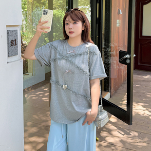 新款 胖mm大码 蕾丝边蝴蝶结设计感T恤2025夏季 女装 200斤上衣女 法式