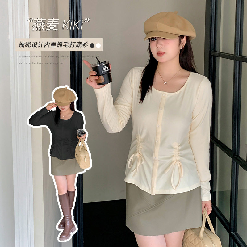 大码女装收腰显瘦抽绳小衫2025春季新款遮肚藏肉修身设计感上衣,女装/女士精品,大码内搭,淘宝优惠券,粉丝福利购,淘宝优惠卷