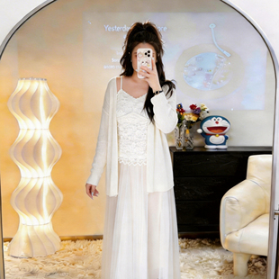 胖mm大码女装法式度假风套装2026春款针织开衫吊带裙半裙三件套女