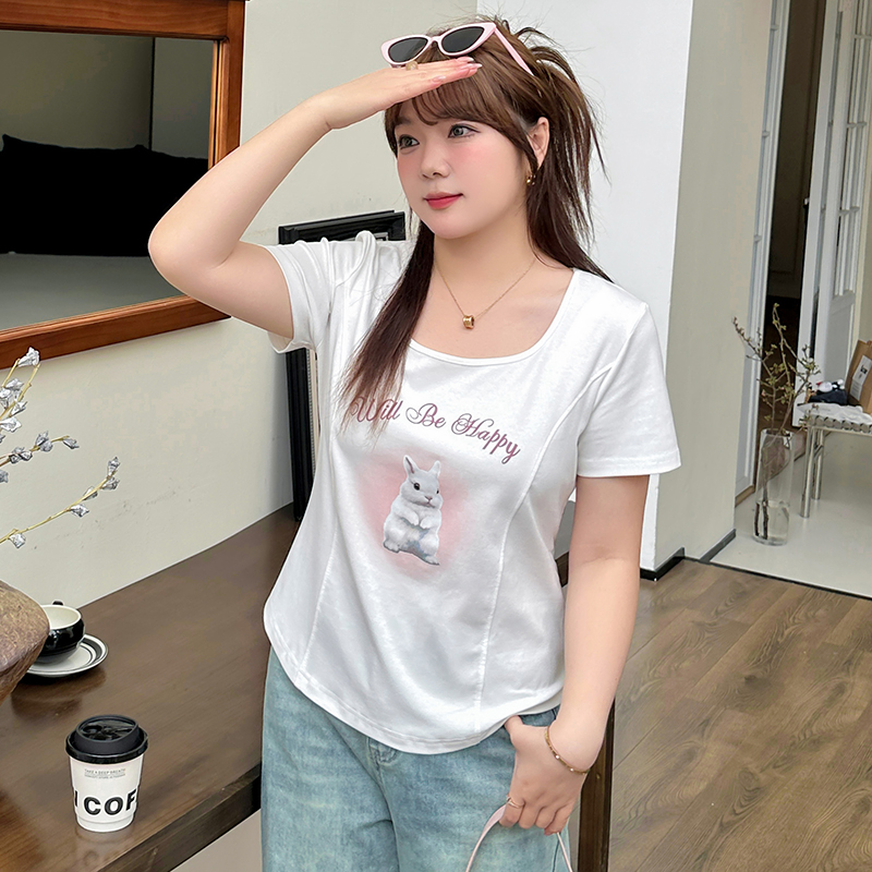 大码修身印花打底T恤女