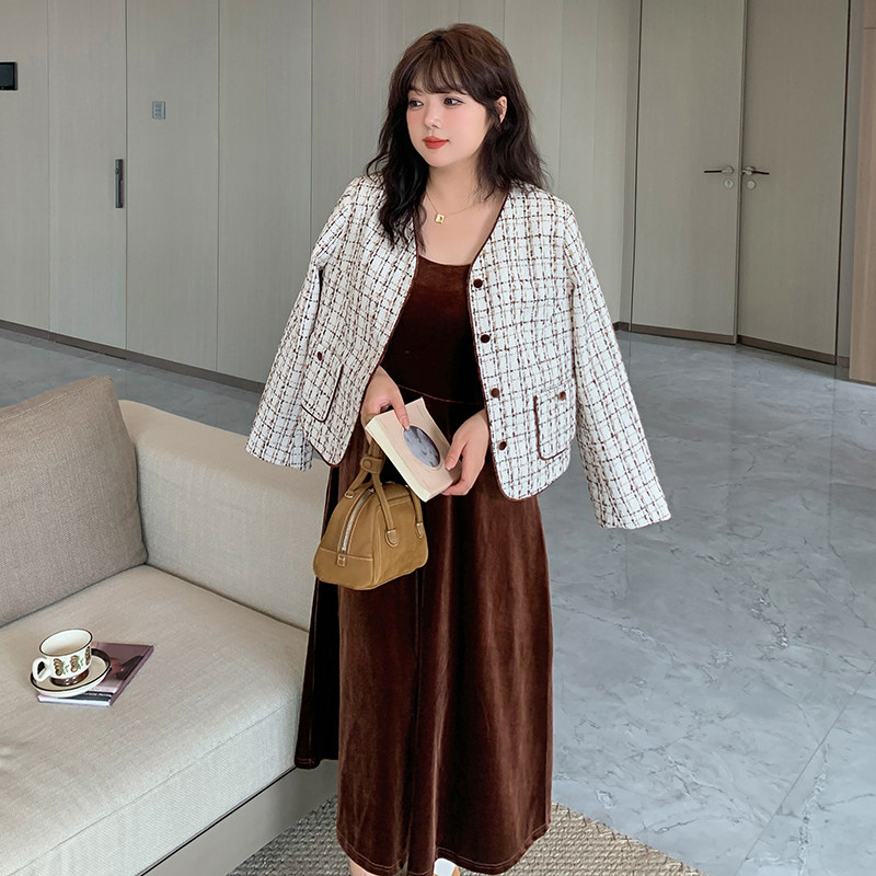 秋冬新品大码女装200斤胖mm时尚套装小香风短款外套丝绒连衣裙女,女装/女士精品,时尚套装,淘宝优惠券,粉丝福利购,淘宝优惠卷
