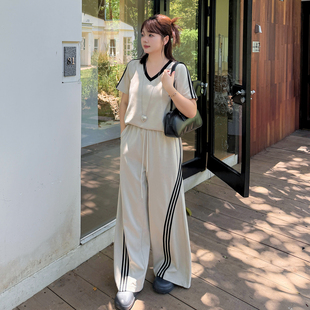 2026夏季 休闲运动套装 新款 200斤V领短袖 女 胖mm大码 T恤阔腿裤 女装