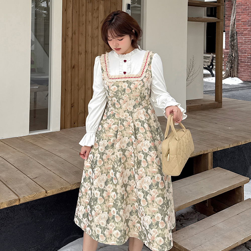 胖mm法式复古假两件显瘦连衣裙