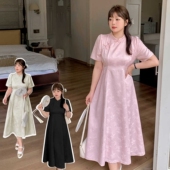 新品 改良版 大码 夏季 女装 胖mm新中式 国风长短款 高腰立领提花连衣裙