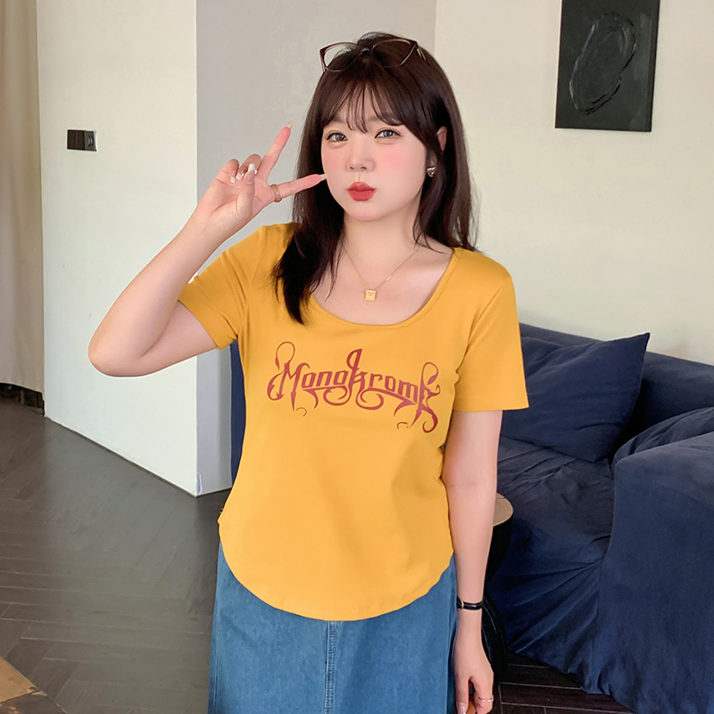 甜辣风U领正肩短袖T恤夏季新款大码女装修身高腰印花上衣250559