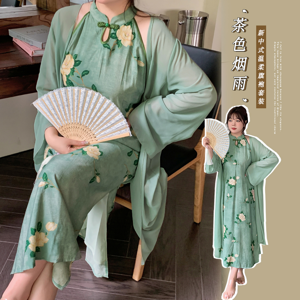 大码套装开衫旗袍连衣裙两件套