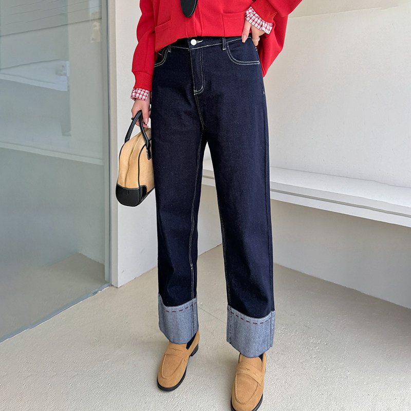 大码女装卷边直筒裤女2025秋季新款百搭高腰烟管裤韩版牛仔裤女,女装/女士精品,大码裤装,淘宝优惠券,粉丝福利购,淘宝优惠卷