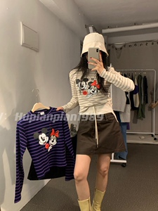 现货即发 韩国东大门代购春Jupiter女士圆领条纹卡通米色长袖T恤