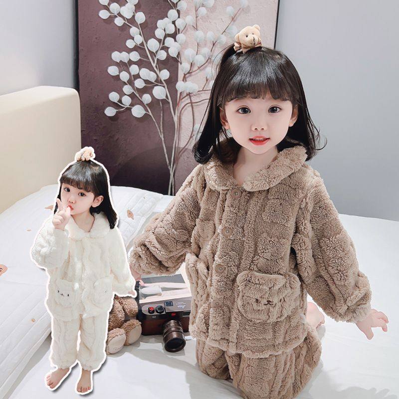 女童法兰绒加厚可爱睡衣男童宝宝珊瑚绒家居服秋冬儿童中大童套装