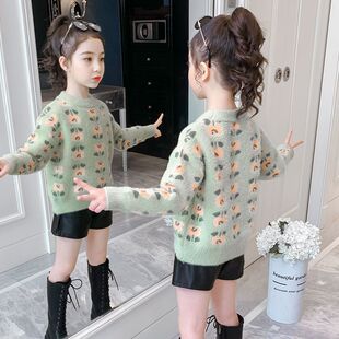 女童毛衣水貂绒加绒加厚宝宝打底衫女大童秋装新款儿童毛线织毛衣