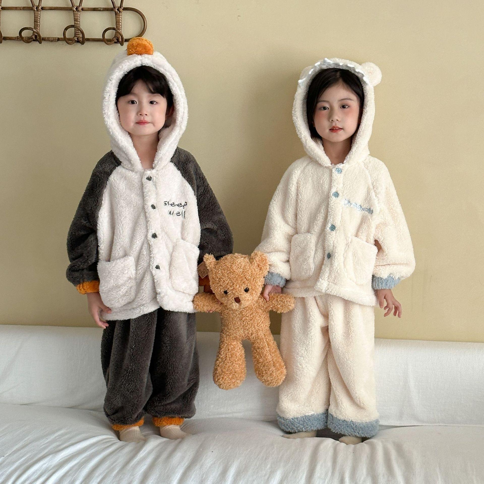 秋冬男女童法兰绒保暖睡衣套装