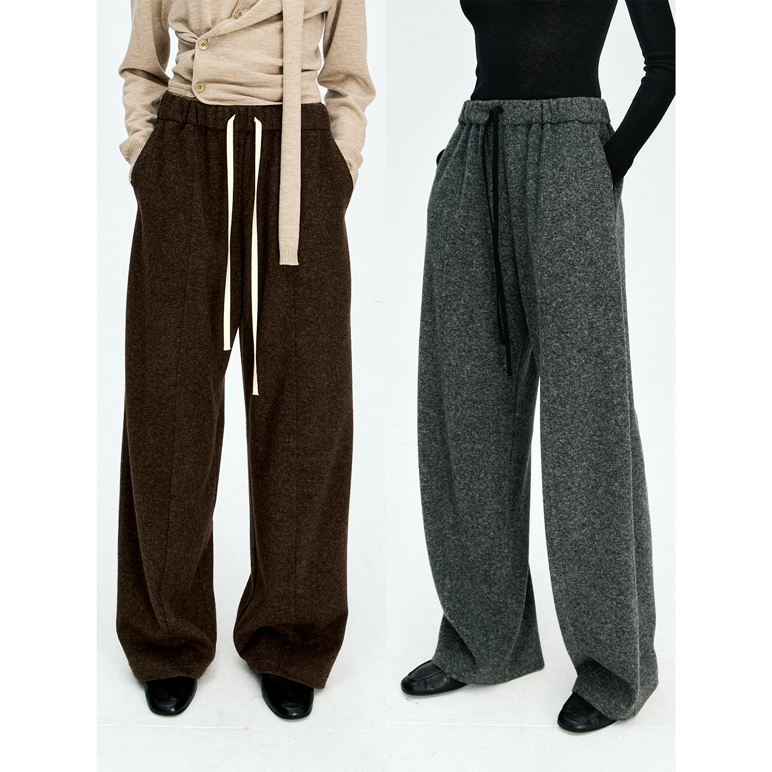 MRS Studios 羊毛针织复合加厚 松紧腰抽绳宽松阔腿长裤