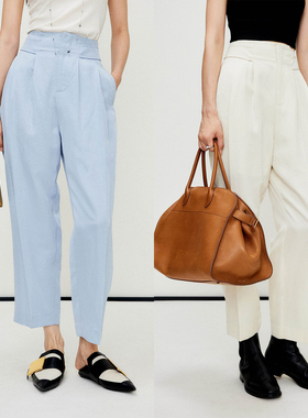 MRS Studios 日本三醋酸亚麻舒适透气腰袢锥形显瘦九分裤西裤黑色