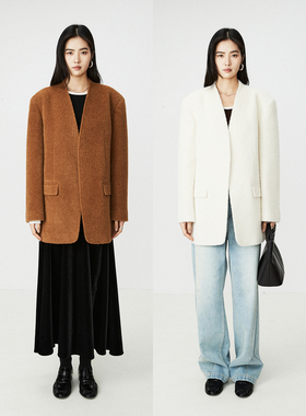 MRS Studios 秘鲁进口INCA无染色簇状羊驼毛宽肩时髦无领西装外套