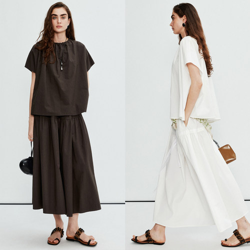 MRS Studios 进口匹马棉 简约缩褶领娃娃上衣/松紧腰抽绳半裙套装