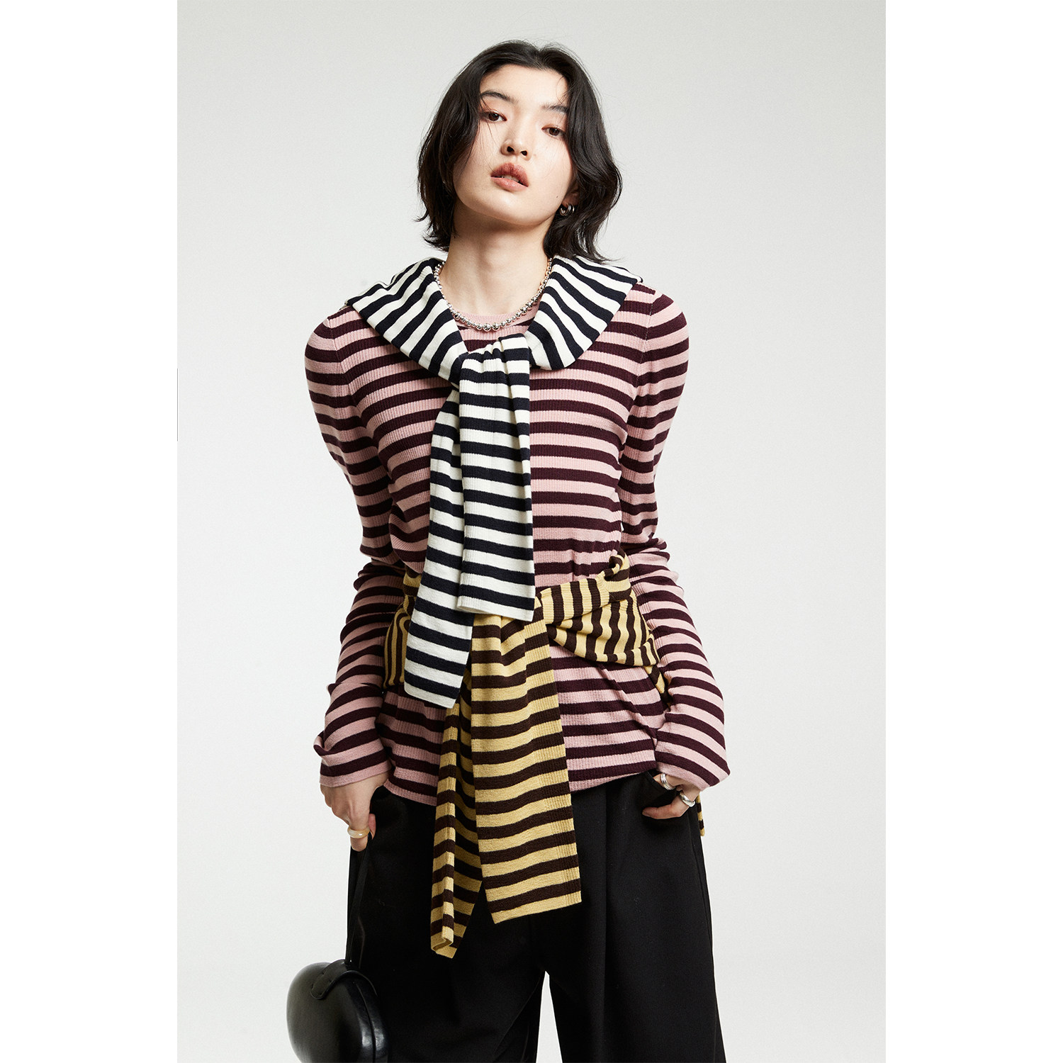 真丝羊毛经典条纹长袖T恤