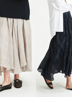 MRS Studios 亚麻棉舒适不规则裁剪拼接 浪漫随性飘逸格子半身裙