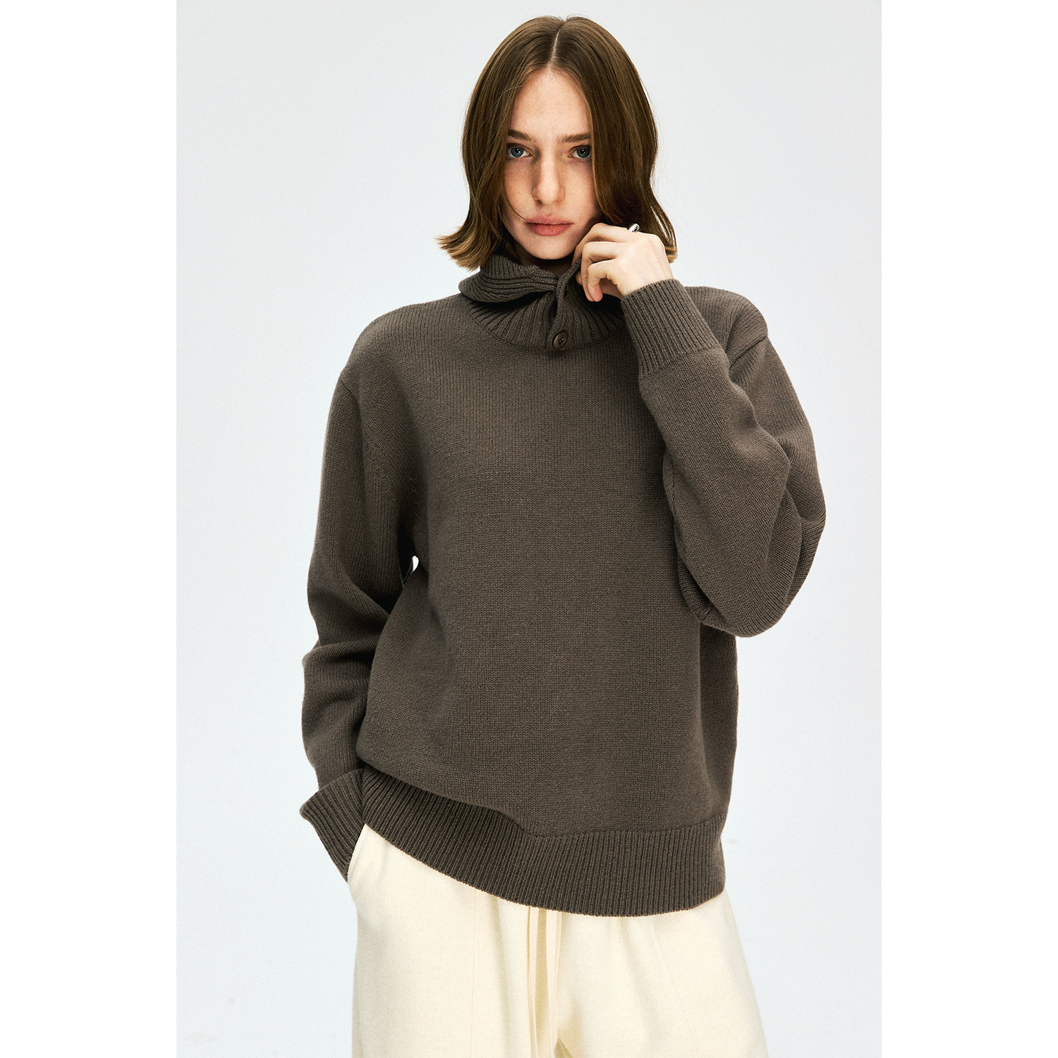 MRS Studios LM风100%羊毛 重磅立体帽型纽扣装饰连帽毛衣套衫