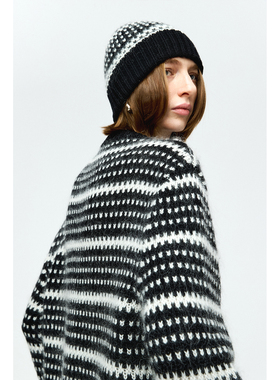 MRS Studios 羊毛马海毛 提花阔版松弛感复古黑白大毛衣罩衫/帽子