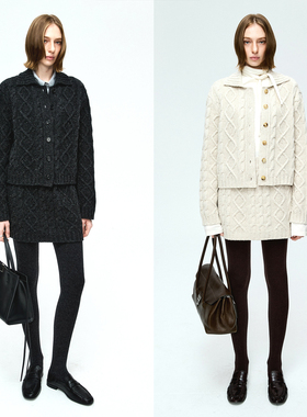 MRS Studios 彩点全羊毛复古北欧风重磅立体阿兰绞花翻领开衫半裙