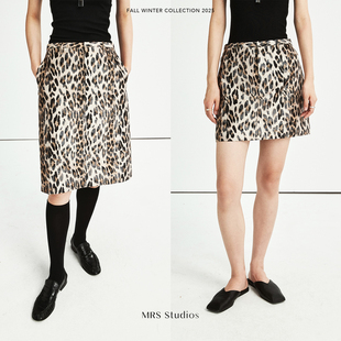 MRS Studios 进口醋酸印花 时髦复古豹纹铅笔西装短裙/中长半裙
