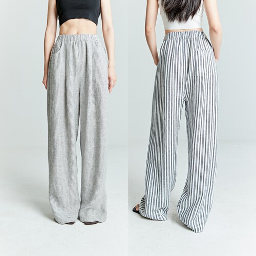 亚麻舒适透气条纹极地休闲裤