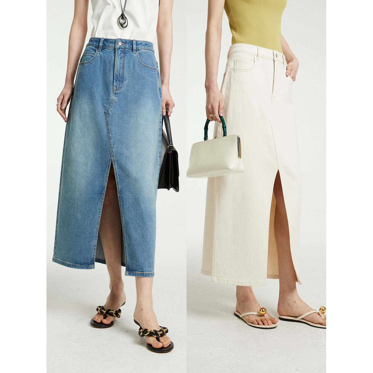 环保水洗莱赛尔前开叉牛仔半裙