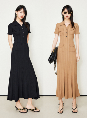 MRS Studios气质不规则坑条高弹紧致显瘦Polo领V领针织连衣裙黑色