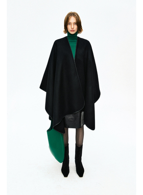 MRS Studios 时髦造型贵妇真皮绵羊皮包边羊毛羊绒双面呢斗篷披肩