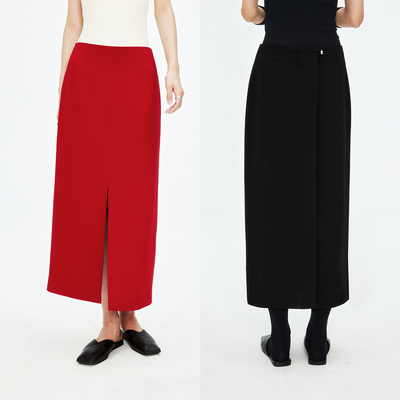 后腰水滴扣红色铅笔半身裙