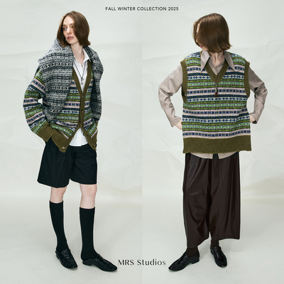 MRS Studios 獨家定染羊毛费尔岛提花复古慵懒V领侧开叉马甲/开衫