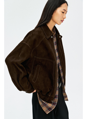 MRS Studios 进口A级羊反绒/无涂层绵羊皮 时髦复古翻领皮衣夹克