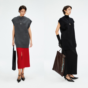 MRS Studios 双面织法羊绒羊毛阔版时髦坎肩箱型针织衫飘带长背心