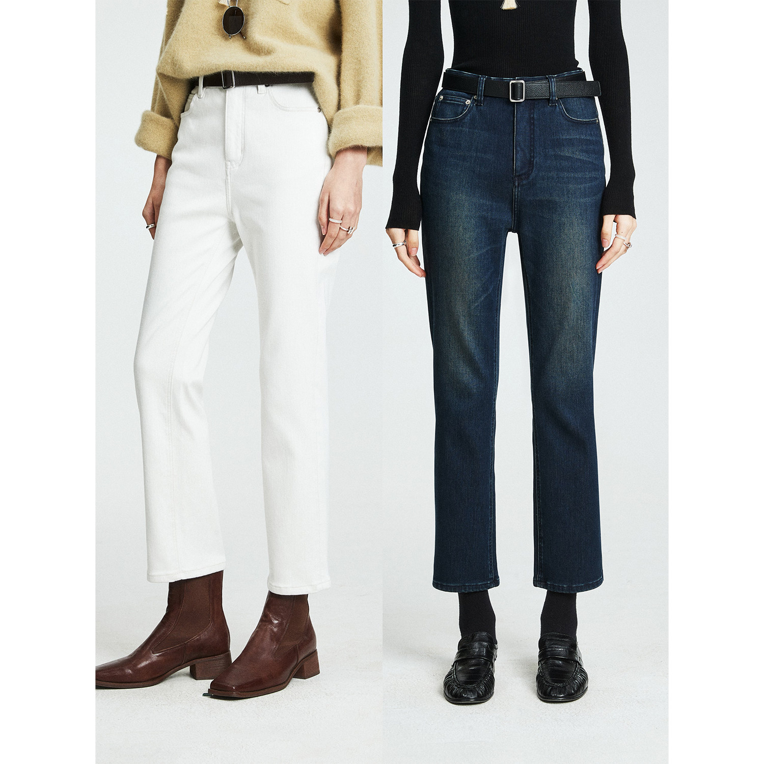 抓绒保暖九分烟管牛仔裤