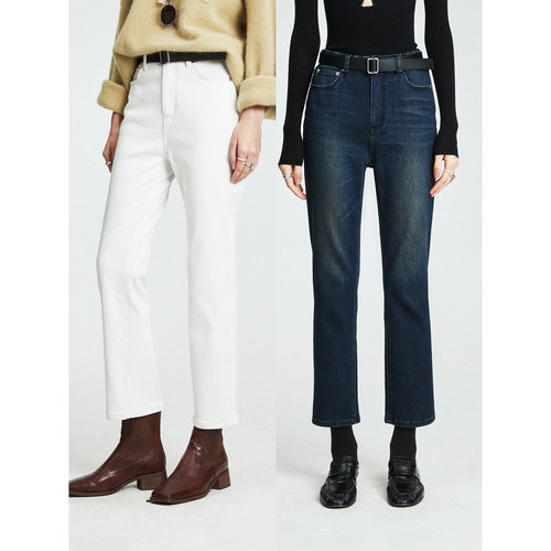 抓绒保暖九分烟管牛仔裤