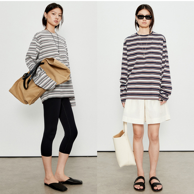 MRS Studios 日本进口 舒适柔软全棉 圆领宽松懒人条纹长袖T恤