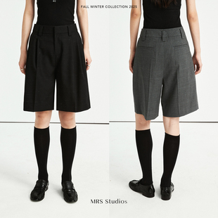 MRS Studios 时髦横向竹节混色纹理 亚麻羊毛百慕大西装短裤中裤