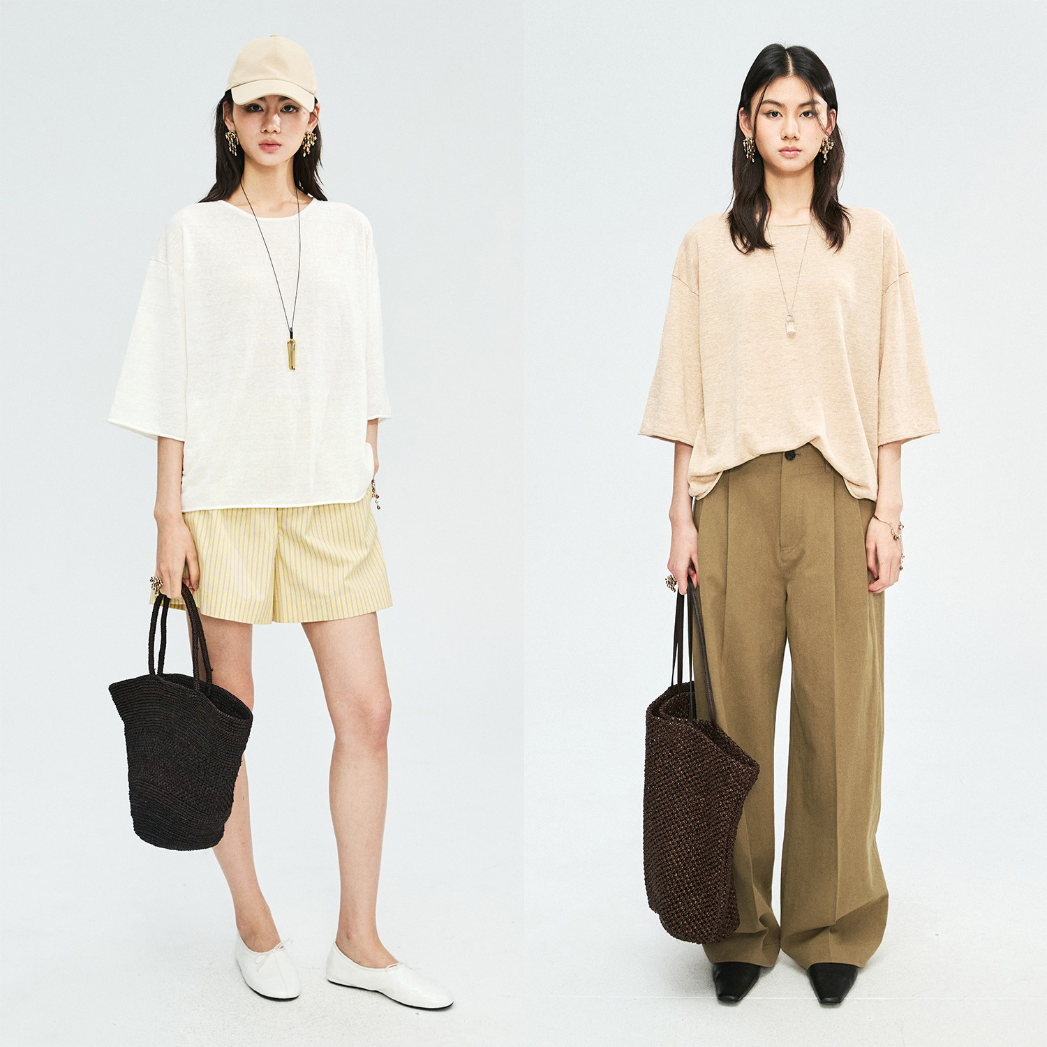 MRS Studios 法国进口亚麻纱线干爽垂顺圆领中袖造型针织短袖罩衫