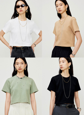 MRS Studios 螺纹肌理质感bella甜酷风圆领短款露腰T恤短袖白色