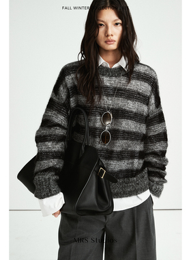 MRS Studios 意大利进口Lineapiu马海毛慵懒宽松圆领条纹针织毛衣