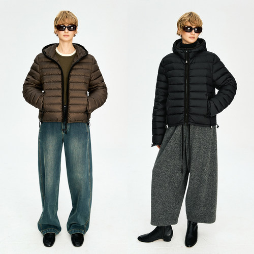 MRS Studios 轻便90白鹅绒MIU风横绗线 合身版保暖连帽排骨羽绒服