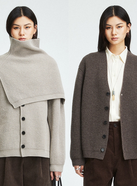 MRS Studios 美利奴羊毛加厚極简ROW单排扣针织开衫/高领套头披肩