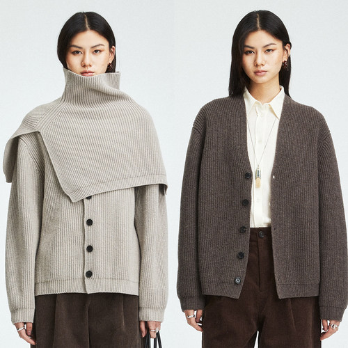 MRS Studios 美利奴羊毛加厚極简ROW单排扣针织开衫/高领套头披肩